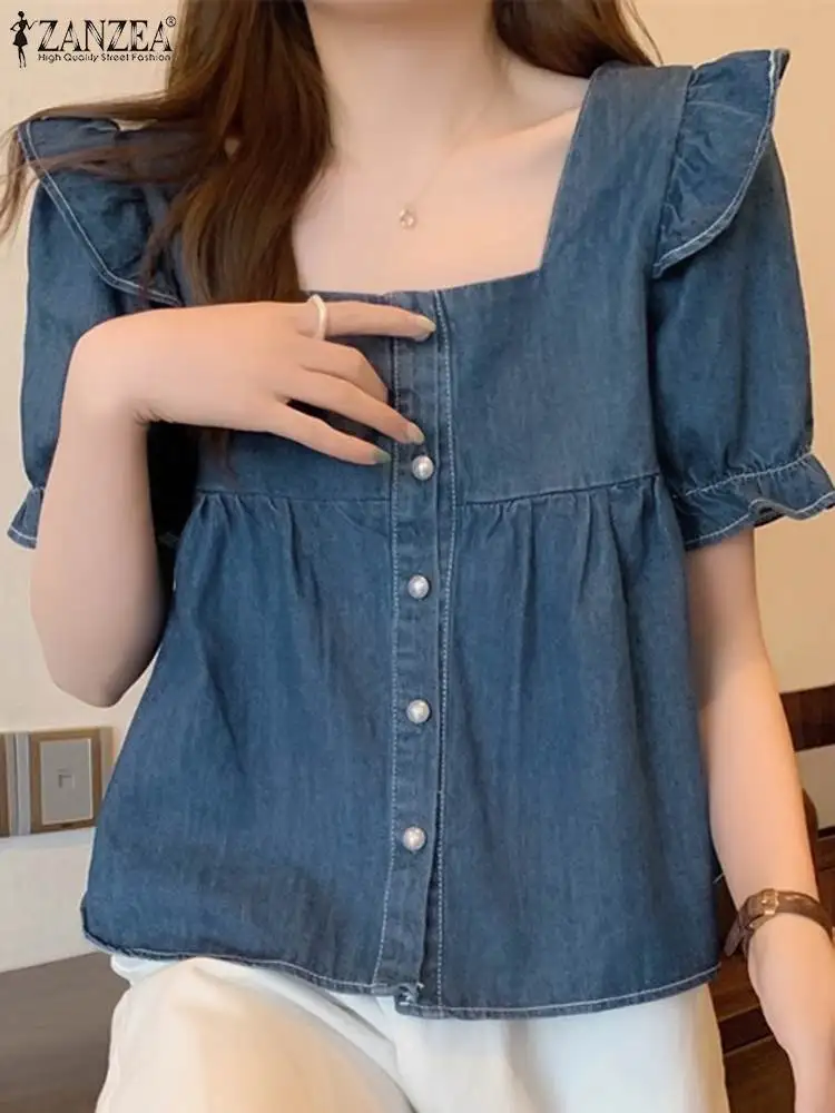 ZANZEA Korean Women Denim Shirt Sweety Ruffle Short Sleeve Blouse Vintage Square Collar Cropped Tops 2024 Summer Pleated Blusas