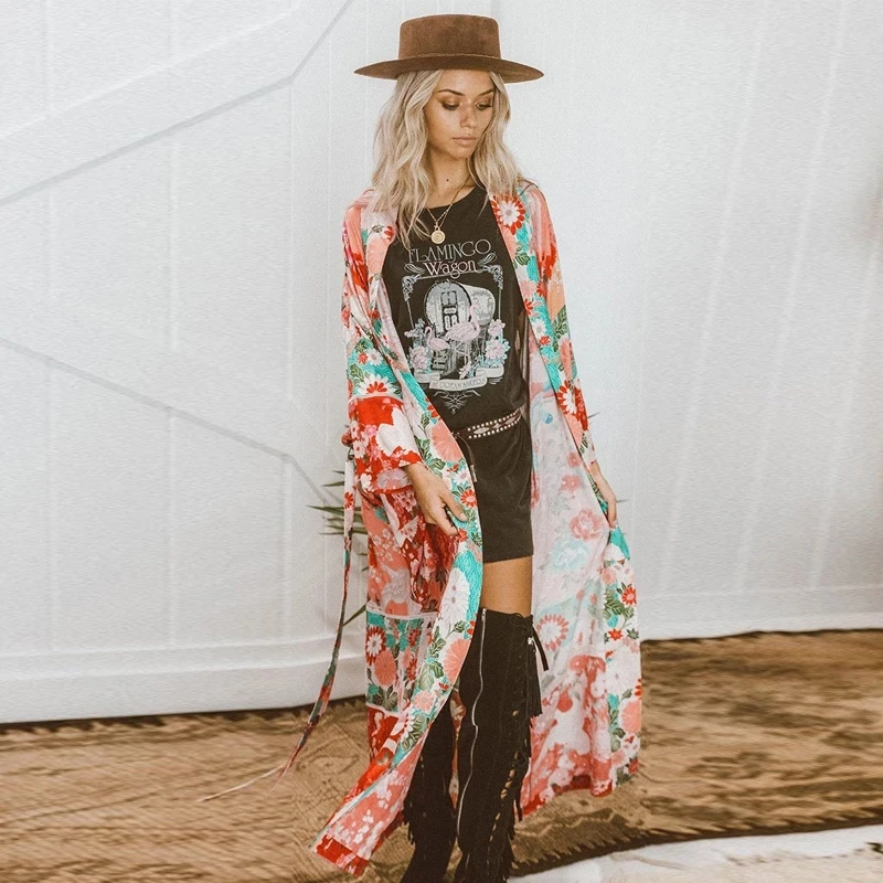 Floral Print Women\'s Bathrobe Summer Thin Chiffon Ladies Dressing Gown Loose Beach Wear Kimono With Sashes For Female 2024