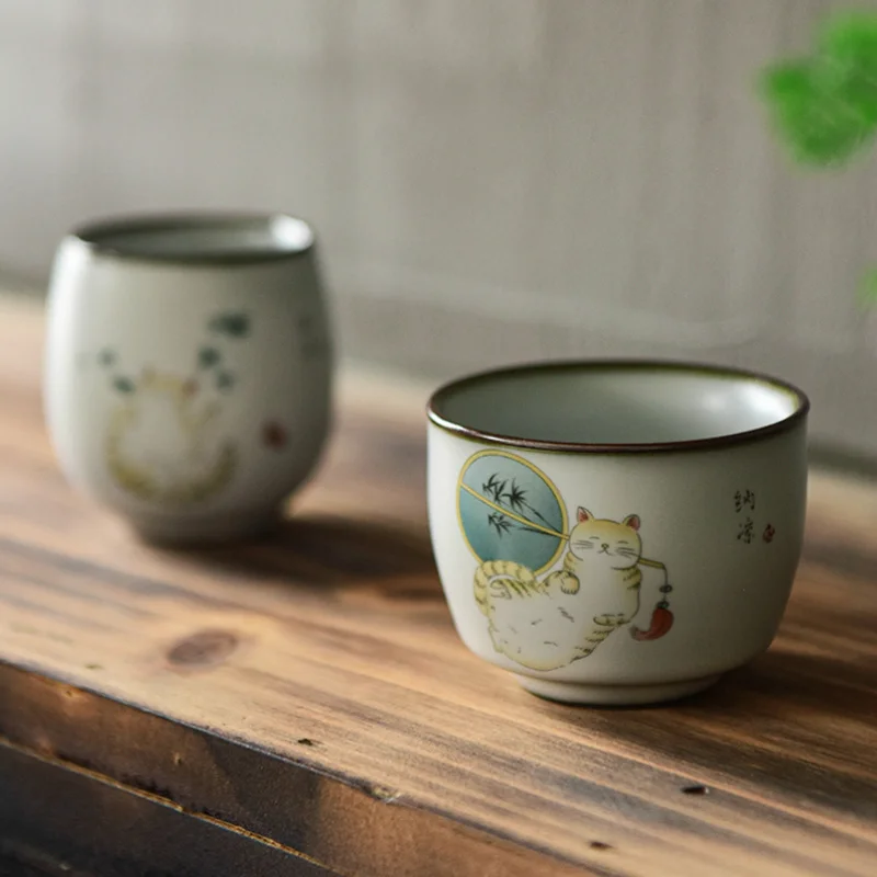 CHANSHOVA-Chinese Retro Style Crackle Ceramic Tea Cup, Small Coffee Cups, Cute Cat Tea Set, China Ru Kiln Porcelain H563, 100ml