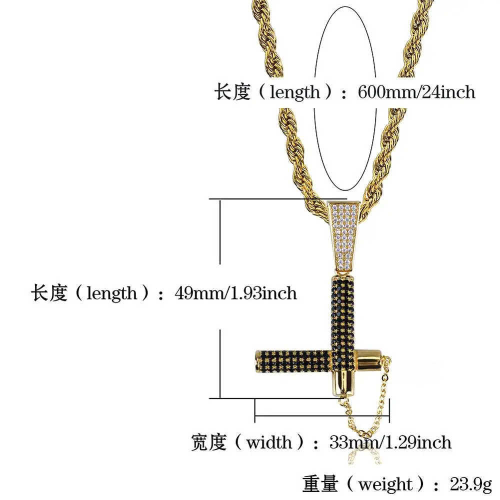 Black AAA Cubic Zirconia Paved Iced Out Bling Gold Silver Color Cool Nunchakus Pendants Necklace for Men Hip Hop Rapper Jewelry