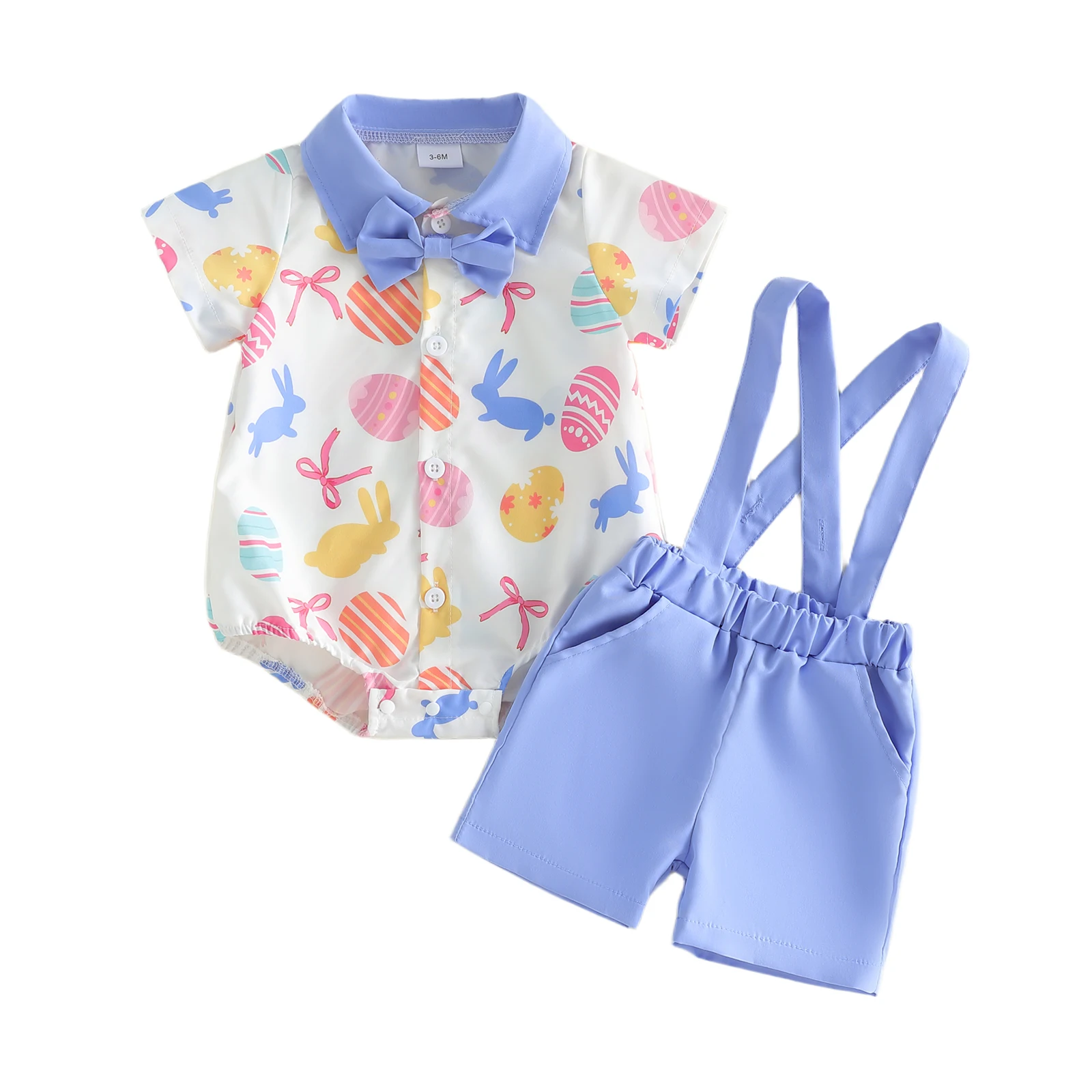 

Пасхальный комплект из двух предметов для маленьких мальчиков, комбинезон с короткими рукавами и отложным воротником с милым кроликом и принтом яиц и шорты на подтяжках