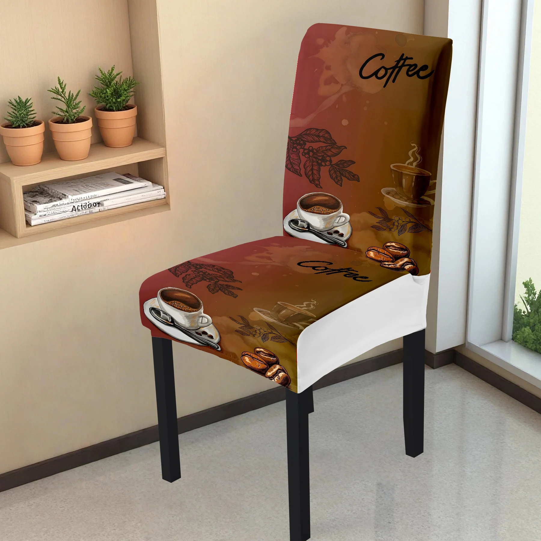 2024 New Coffee Pattern Stretch Chair Cover, All - inclusive Elastic Dining Chair Slipcover, Washable & Fade