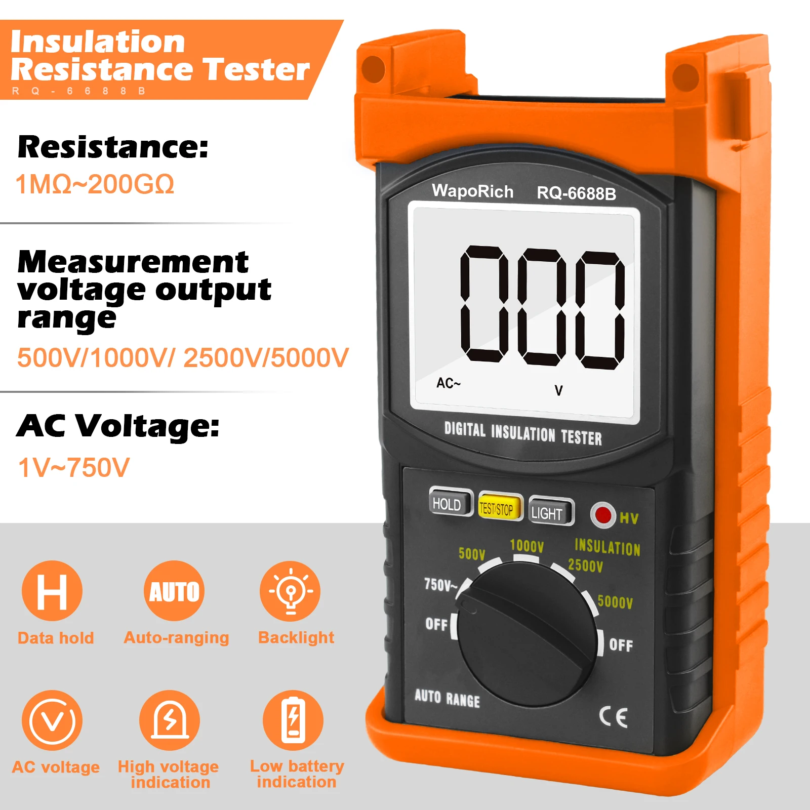 BTMETER BT-6688B Digital Insulation Resistance Tester,Test Voltage 5000V,Resistance 200Gohms,High Voltage Indication