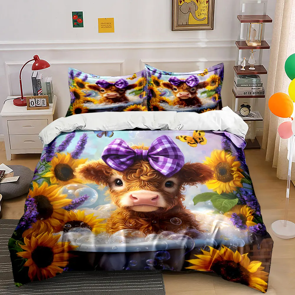 Adorable Calf Sunflower Bubble Bath Purple Bow Print Bedding Set 1 Duvet Cover 2 Pillowcases for Adult and Children Luxury Gift