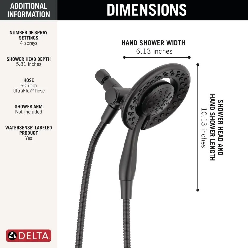 رأس دش مزدوج In2ition 2 في 1 مكون من 4 إعدادات مع رذاذ محمول، رأس دش قابل للفصل باللون الأسود غير اللامع مع خرطوم، رأس دش #4