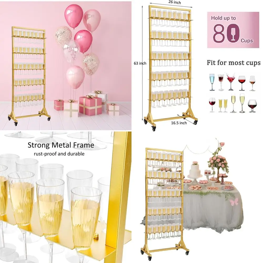 

5-Tier Movable Champagne Glass Holder for 80 Cups, Metal Wall-Mounted Drink Display Stand, Ideal for Weddings and Bars, Gold