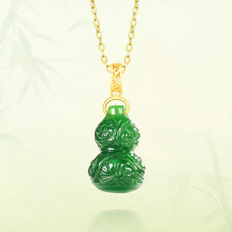 

Genuine S925 Silver-Encrusted Natural Jade Pendant Necklace For Women Spinach Green Jadeite Biyue Gourd Charms Jewelry Drop Ship