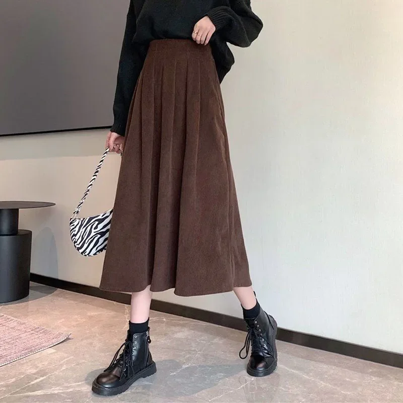 Lucyever saias midi de veludo feminino vintage marrom preto cintura alta saias longas femininas 2022 outono moda coreana saia linha a