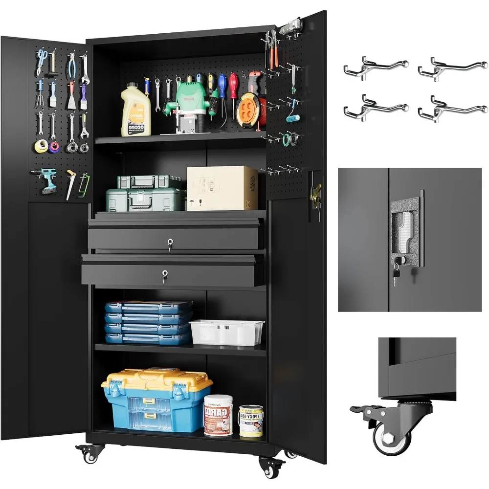 

71" Metal Garage Storage Cabinet with Drawers and Wheels Rolling Tool Chest Cabinet with Pegboards, Lockable Storage Cabinets