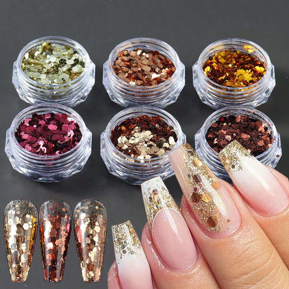 

6 Boxes/Set Glitter Champagne Nail Flakes Fall Gold Reflective Effect Sequins Mixed Hexagon Warm Charm Winter DIY Manicure Decor