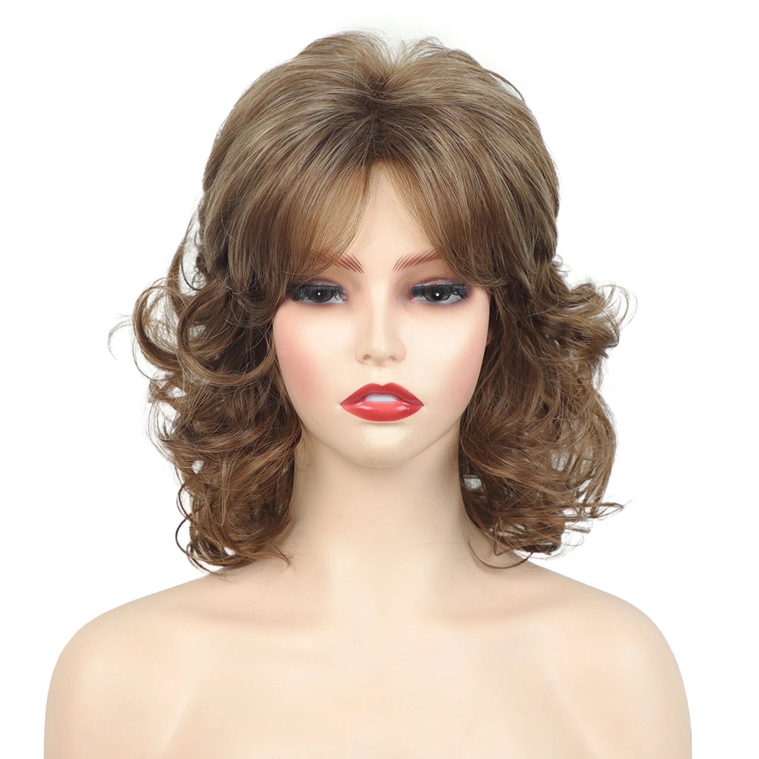 Soft & Healthy Mommy Short Synthetic Curly Hair Shoulder Length Brown Loose Wave Wig with Bangs Cute Daily Party Wig for Women