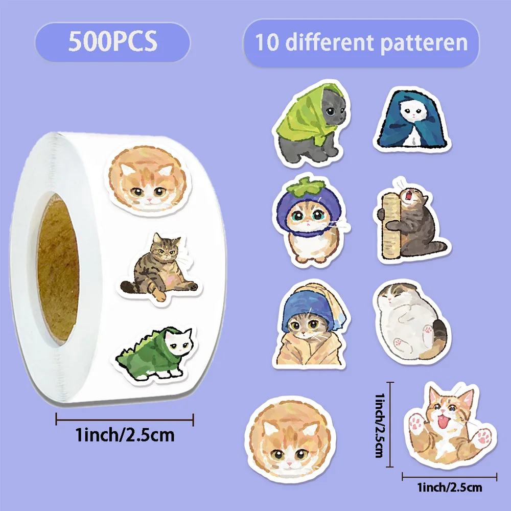500PCS Creative Ten Different Cartoon Cat Roll Stickers Game Stickers DIY Gifts Sealed Label Decoration