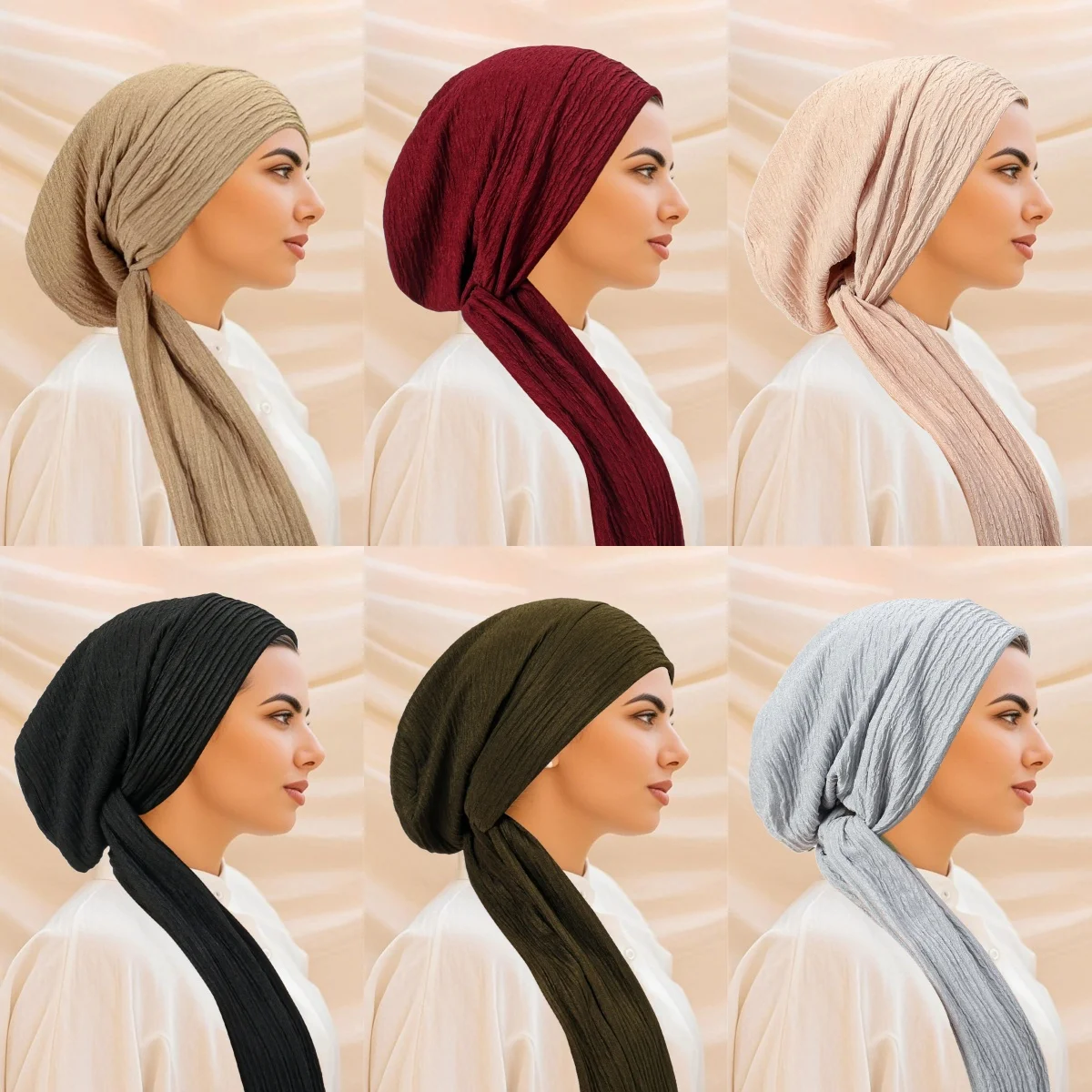 

2026 New Solid Color Turban Hijab Hats Long Tail Head Wraps Elastic Muslim Hats Breathable Chemo Cap For Women Girls
