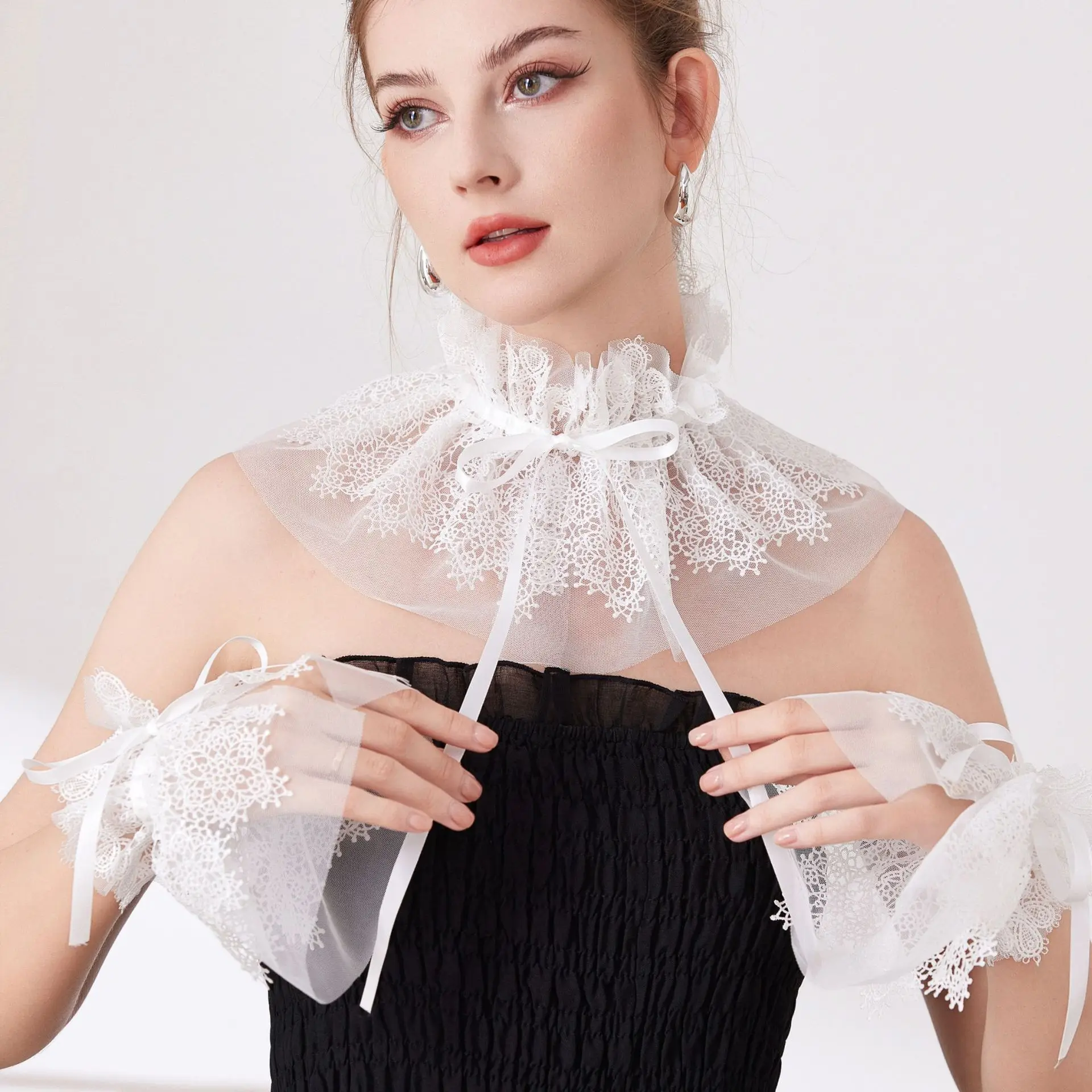 Lace Trim Elegant Stand Collar Shrug Cape Layering Detachable Collar with Wrist Cuffs