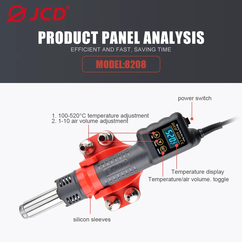 JCD-pistola portátil micro quente, display LCD, estação de retrabalho, secador de cabelo, temperatura ajustável, ferramentas de soldagem BGA, 750W, 8208