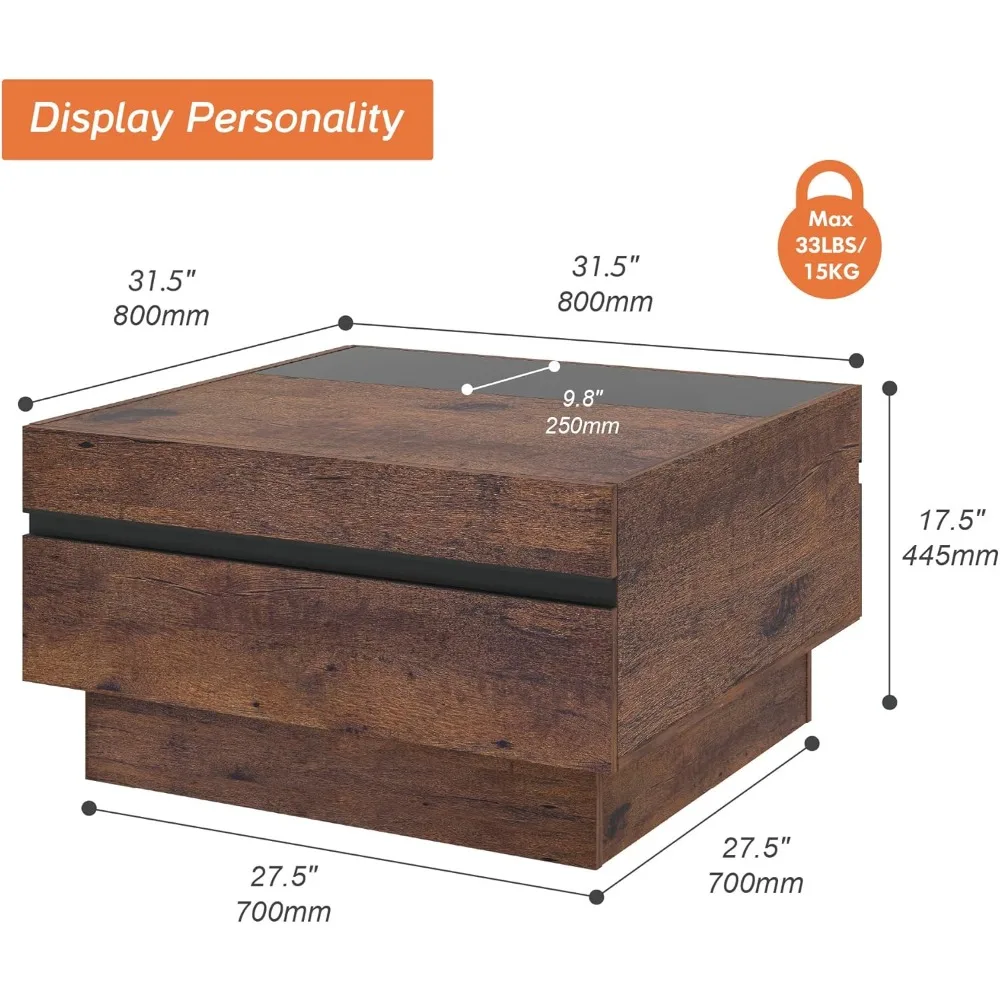 Coffee Table, Modern Coffee Table, Square Living Room Coffee Table with Tempered Glass Top and Two Large Storage Drawers