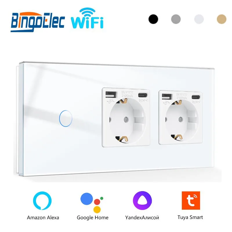 

Bingoelec Wifi Wall Touch Switch With Double USB Sockets Type-C 1/2/3Gang Light Switches Work With Alexa Tuya Google Home