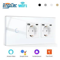 Bingoelec Wifi Wall Touch Switch With Double USB Sockets Type-C 1/2/3Gang Light Switches Work With Alexa Tuya Google Home