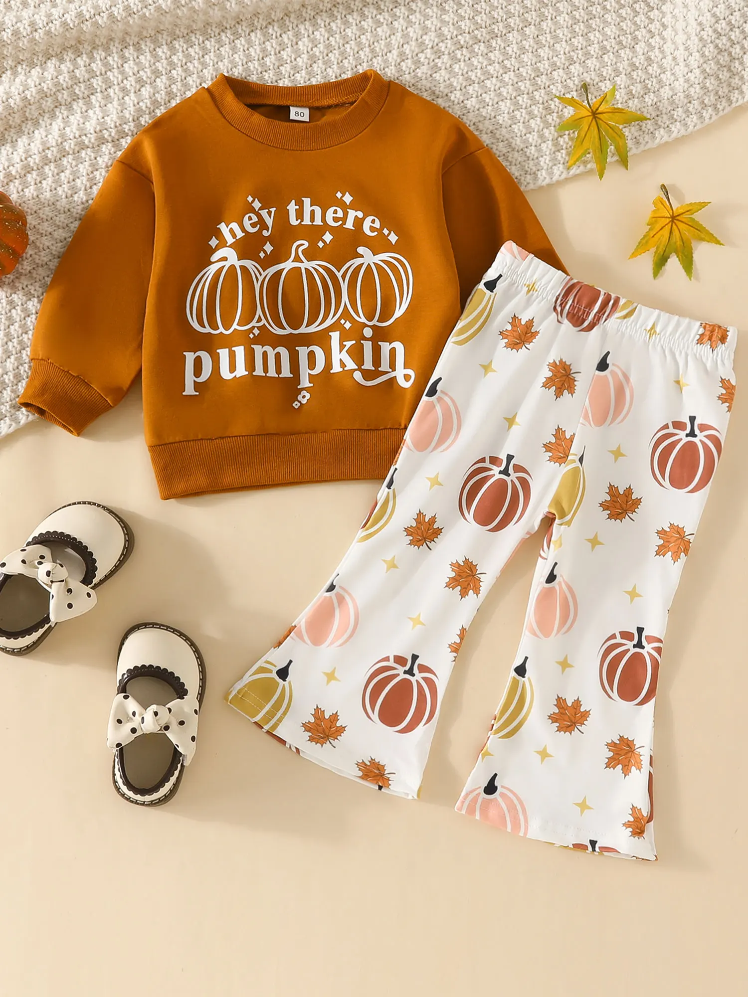 Conjunto de 2 piezas para niña con estampado floral y top de manga con volantes y leggings para la temporada de otoño