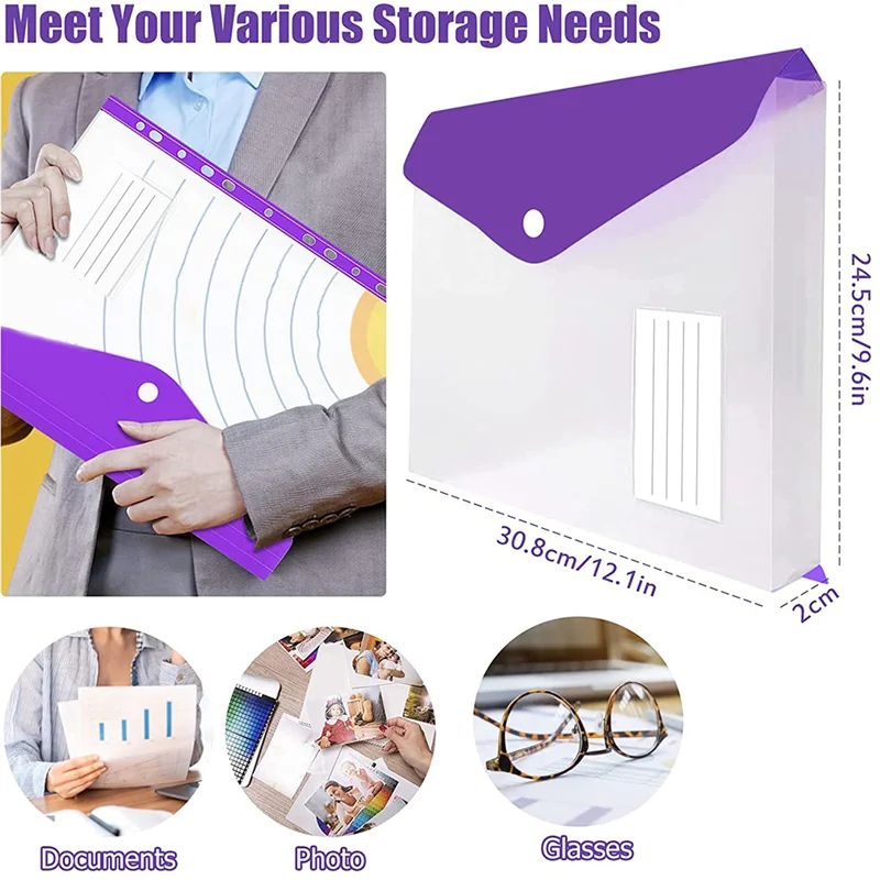 36 Pcs A4 Binder Pocket Expandable Envelopes Clear Plastic Envelopes For Ring Binder Folder, Snap Button