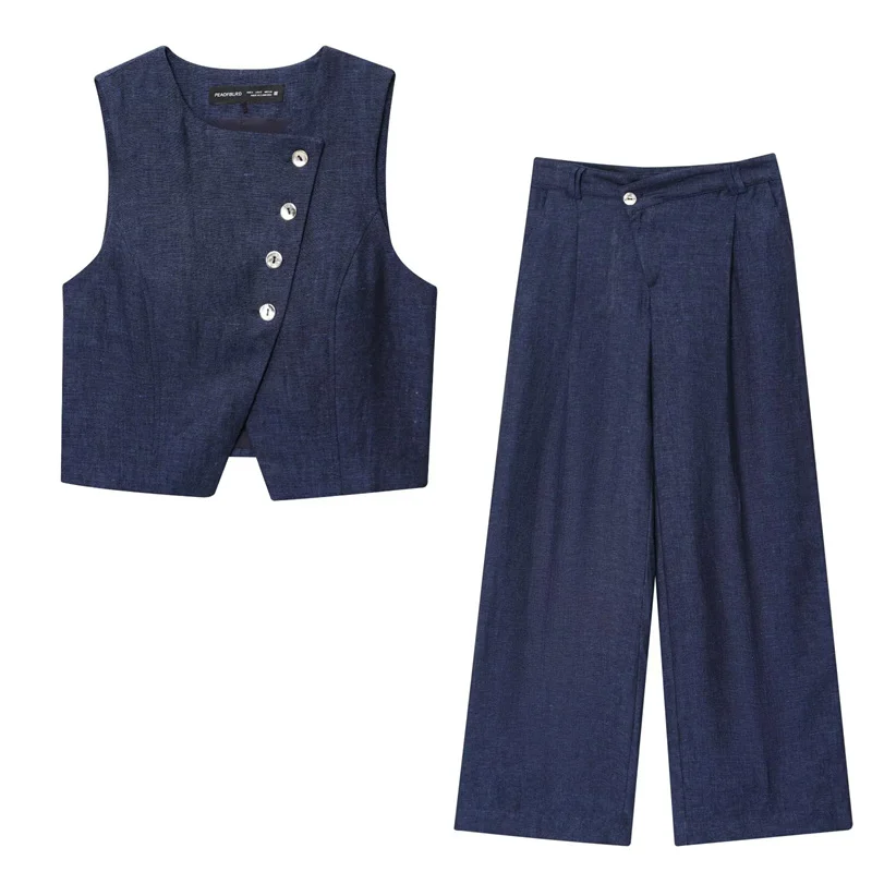 

2025 Women's New Suit Summer Navy Sleeveless Diagonal Buttoned Vest Pant Set Casual Fashion Simple Personality