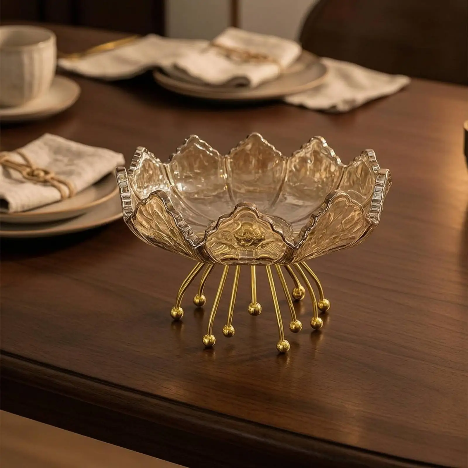 Glass Bowl with Stand Amber-Tinted Flower Fruit Tray Goldencolored