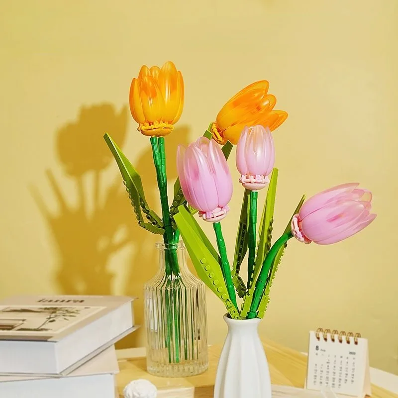 Buquê de bloco de construção de tulipa, flor perpétua, modelo 3d, decoração de casa, planta em vaso, montagem de flores, tijolos, presentes festivos