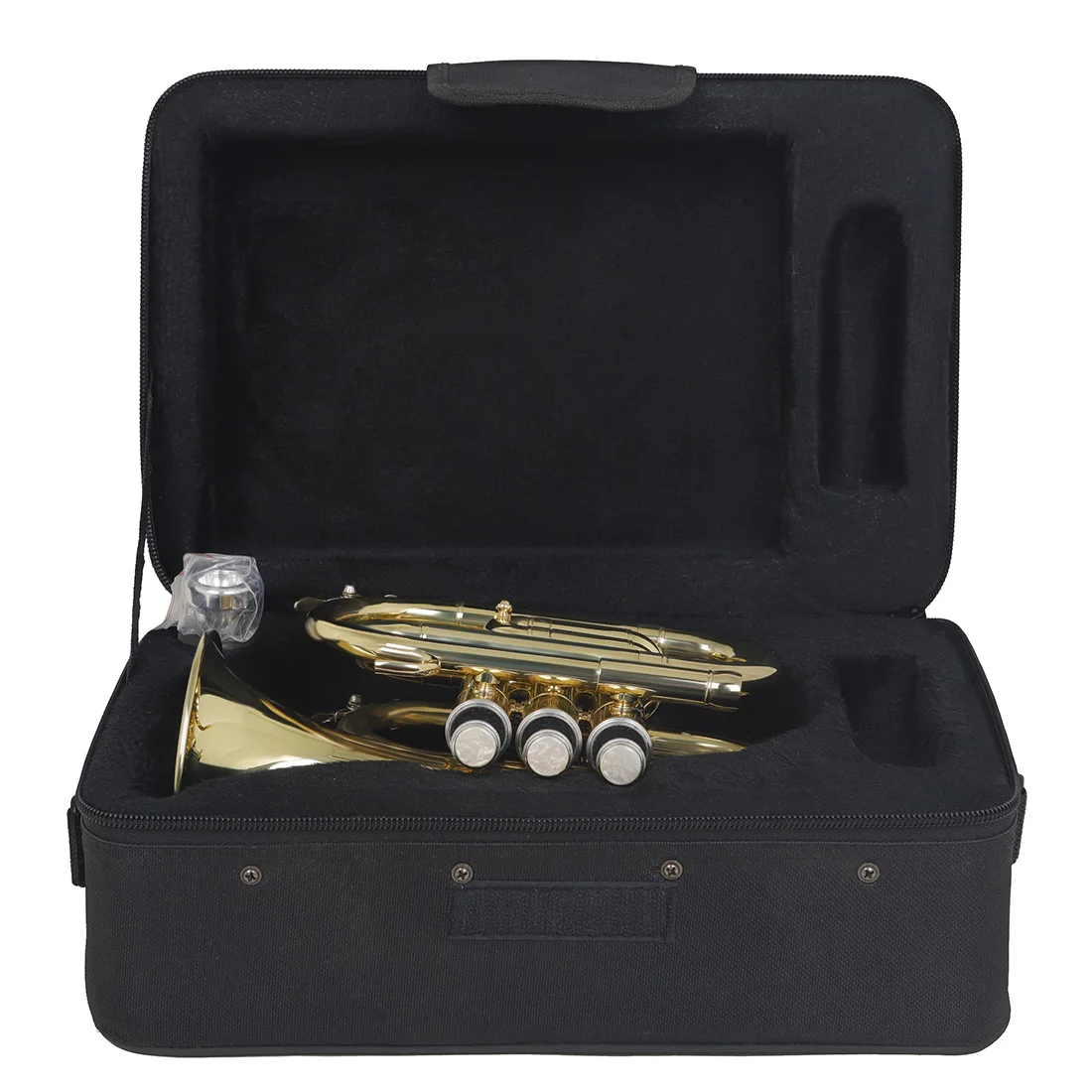 Trompeta de bolsillo en Si bemol con cuerpo de latón, mini corneta para instrumentos de viento con estuche, guante, boquilla y accesorios.