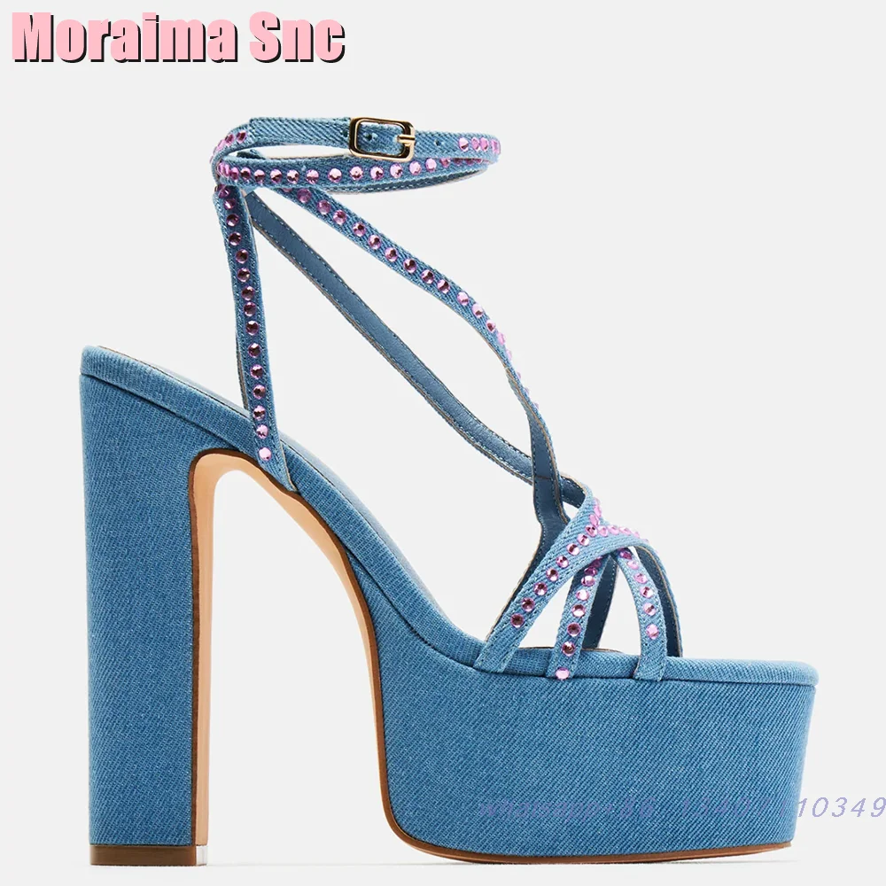 

Platform Crystal Detailing Denim Sandals Block High Heeled Cross Strap Sexy Fashion Women's Dress Shoes Summer Banquet Party New