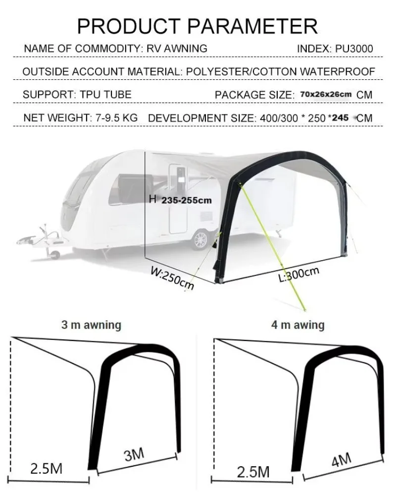 European Standard Inflatable Sunshade Sliding Movable Stand  Camper Van Tent Rv Awning Caravan