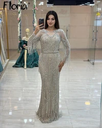 Vestido de noche musulmán de manga larga con cuentas para mujer, traje Formal de lujo con borlas largas para boda, baile de graduación, desfile, Dubái, 2024