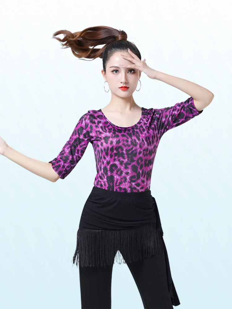 Leopard Ballroom Standard Dance Kawaii Waltz Tops Classical Elegant Women 2023 Jazz Short Figure Skating Latin Tassel Pants 6XL