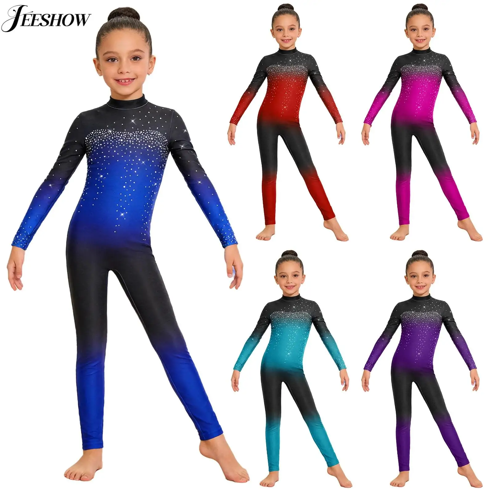 Kids Girls Gymnastics Dance Unitard Shiny Rhinestone Gradient Color Long Sleeve Full Length Leotard for Ballet Dance Performance