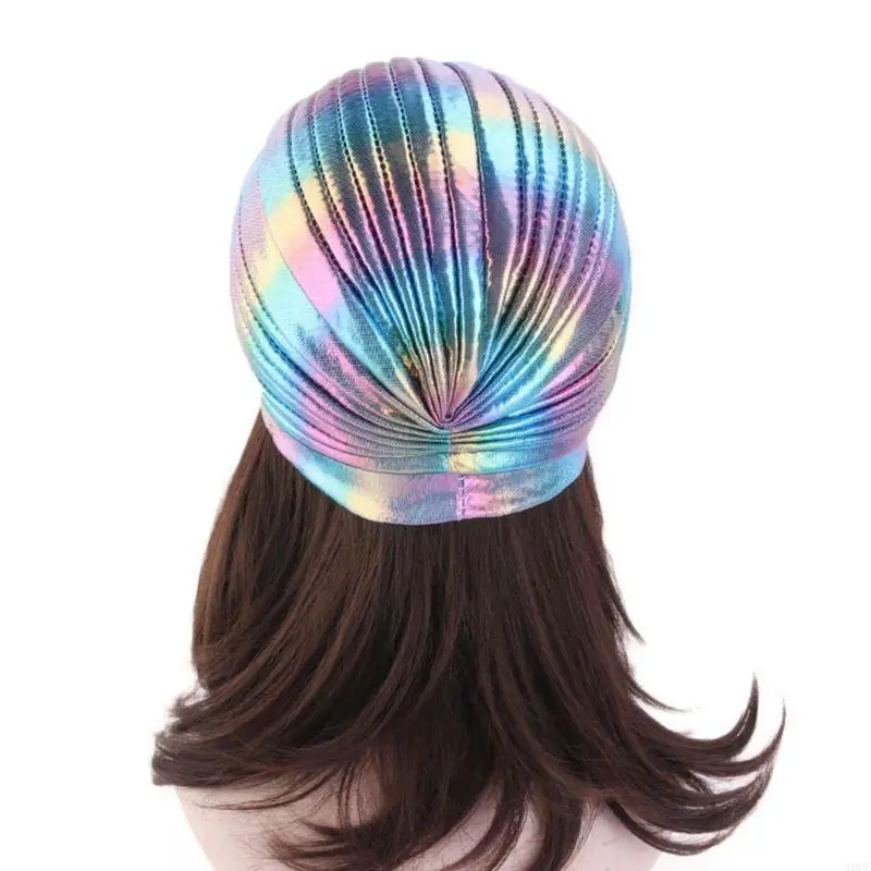 النساء قوس قزح معدني العربية قبعة عمامة الملتوية الجبهة مطوي حك بريق ملون قبعة مسلم الحجاب فقدان الشعر الكيماوي قبعة