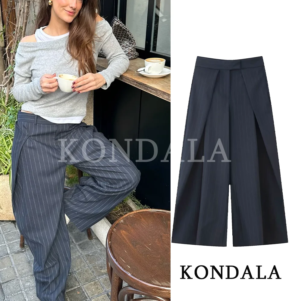 KONDALA Pantaloni da pendolarismo alla moda a gamba larga Pantaloni da donna High Street Chic a righe 2026 Pantaloni casual da vacanza femminili di moda primaverile