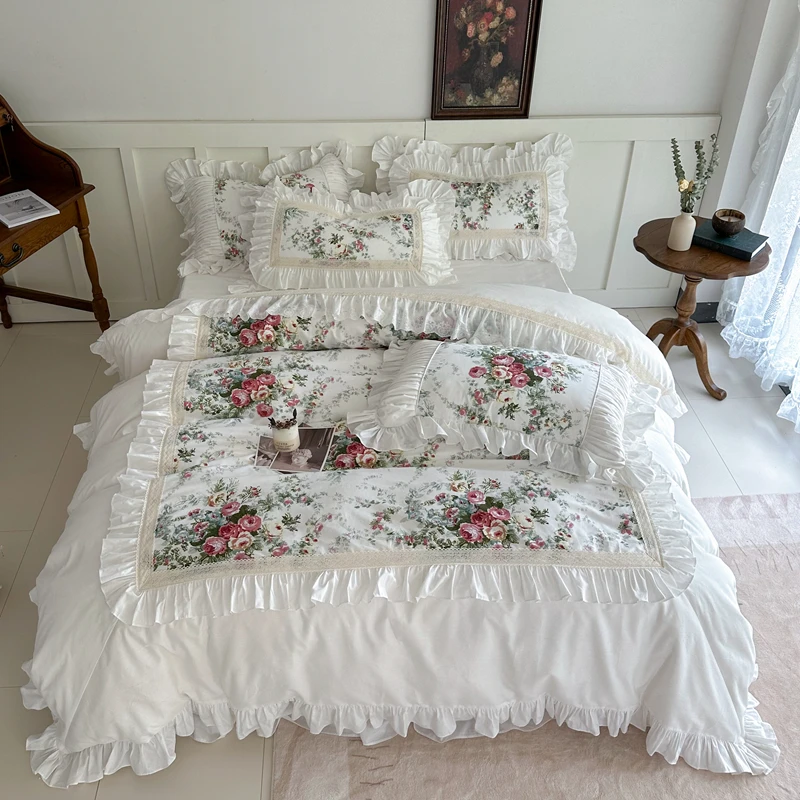 

Rose Flowers Printing Lace Bedding Set Luxury Princess Wedding White Egyptian Cotton Duvet Cover Bed skirt Sheet Pillowcases