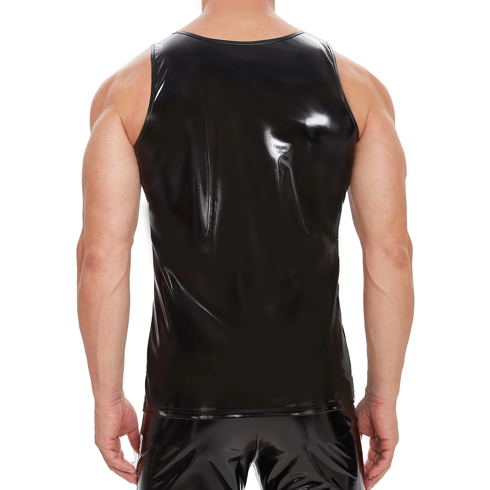 Plus Size Mens Shiny Leather Tank Top Glossy PVC Leather T-Shirts Sleeveless Male Wetlook Latex V-neck Shaping Vest Sexi