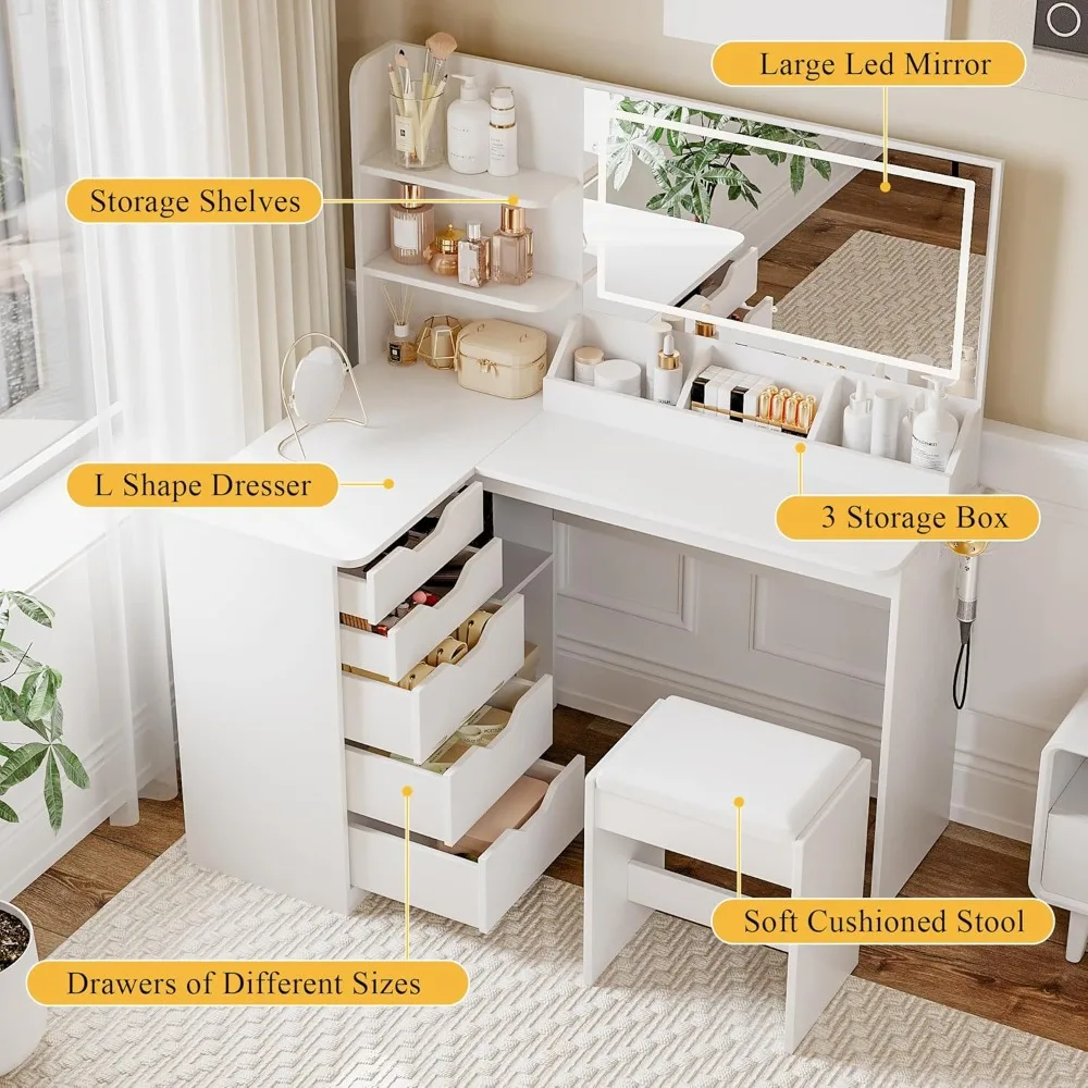 L-shaped dresser with LED 3-color illuminated mirror and power socket, dresser with drawers, storage box and shelves with bench