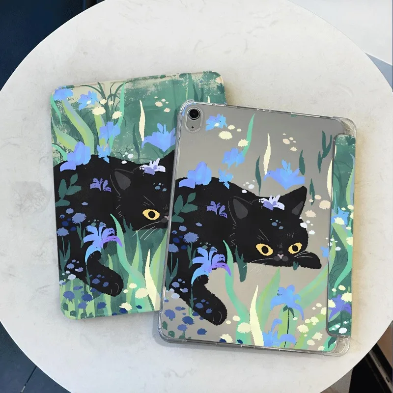 Black Cat Blue Flower Blossoms Tri-fold Funda for Air 4/5 10.9 Pro 11 2nd 3rd 4th Ipad Air 5th Generation Case Ipad Mini6 8.3