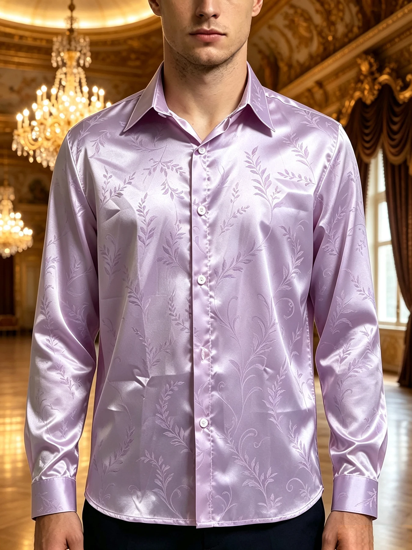 2026 Mens Light Luxury Satin Textured Polyester Fiber Long Sleeve Shirt Natural Dark Pattern Printed Shirt Party Wedding Top men