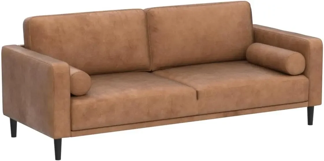 ソファソファ、79インチミッドセンチュリーモダンソファ、通気性のあるフェイクレザーソファ、布張りのクッション/枕付き、3人掛けソファ