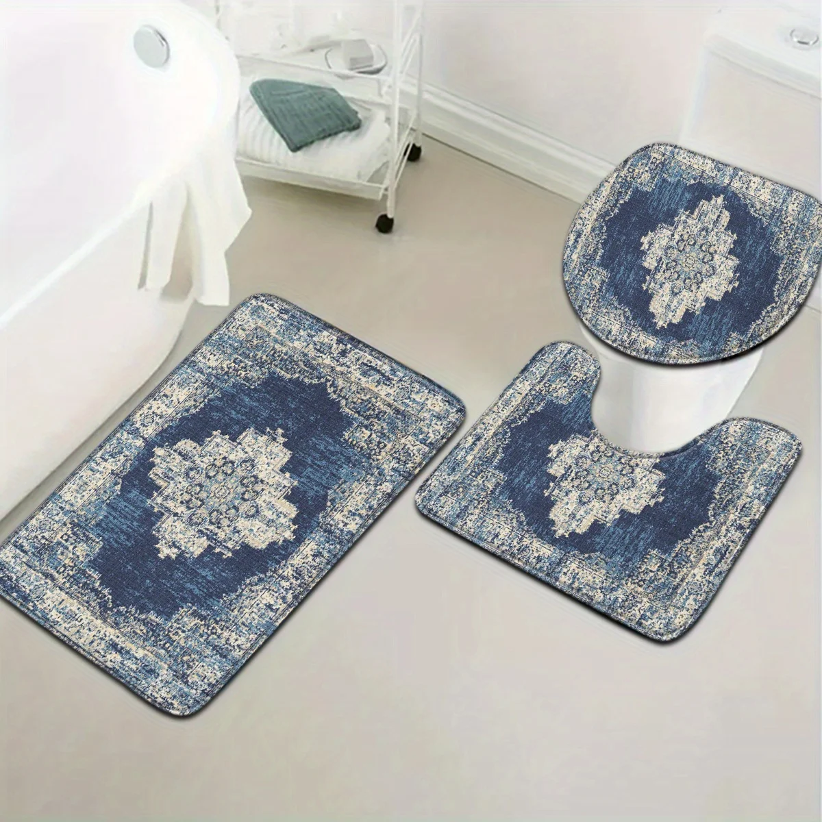 3-piece set of retro ethnic blue and white pattern diamond bathroom anti-slip mat set toilet seat cushion U-shaped mat