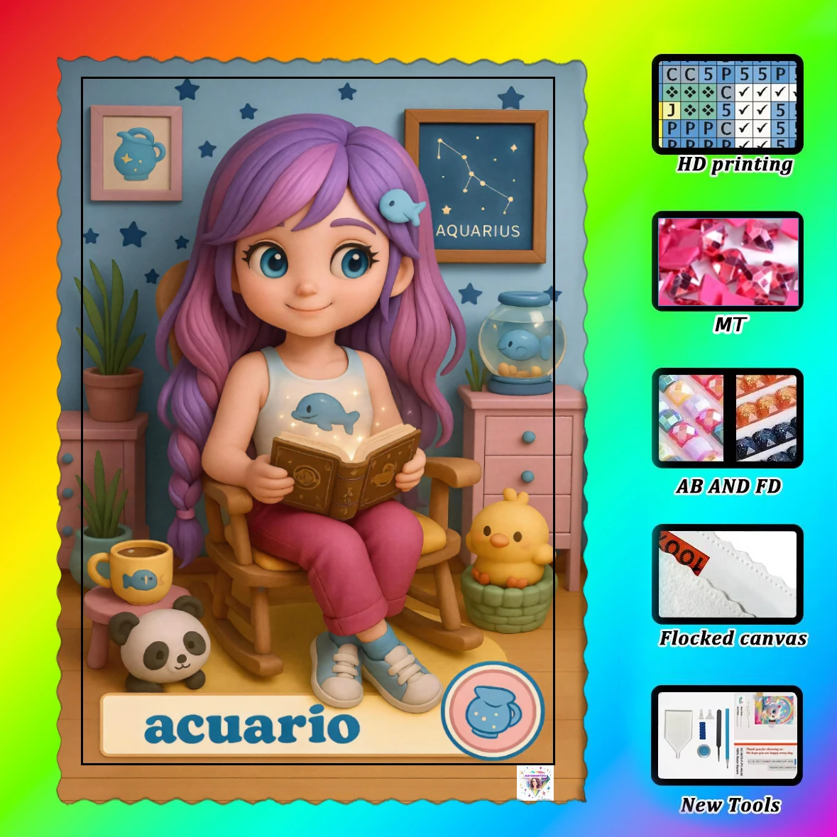 【Susy Diamond Art】 Linda chica del zodiaco en estilo Kawaii Lienzo de alta calidad con resina-AB-polvo de hadas y tachuelas de metal diamante