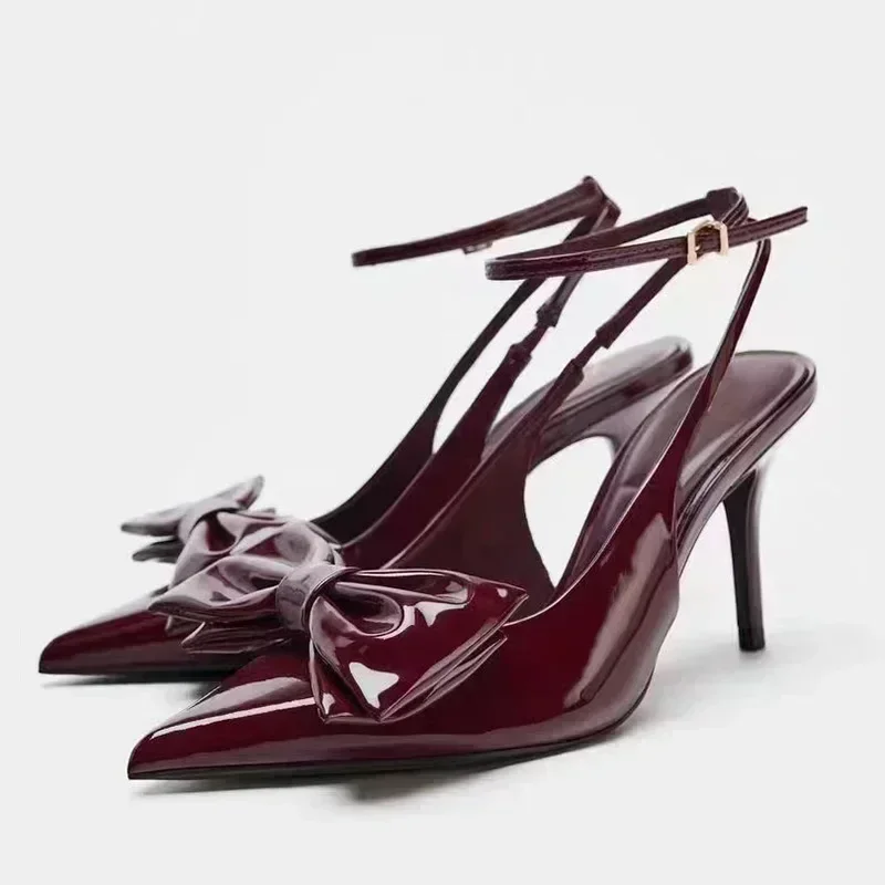 

Burgundy Patent Leather Bow Decorate Pumps Women Sexy Pointed Toe Ankle Strap Heel Sandals Luxury Designer Banquet Dress Shoes