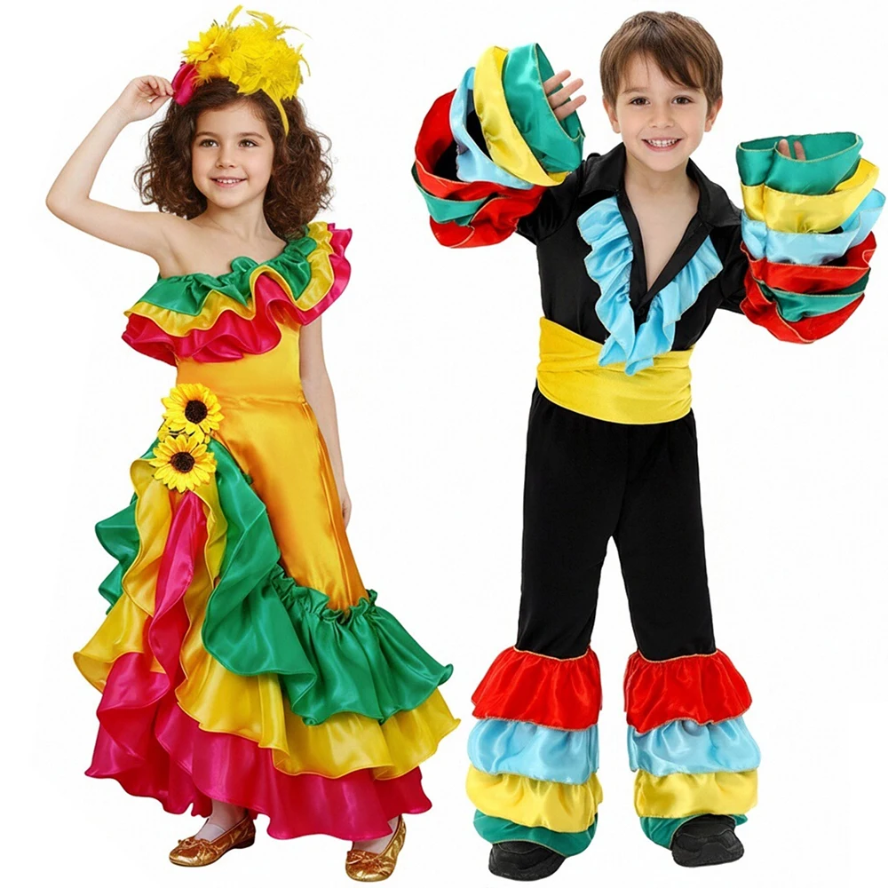 

Traditional Mexican Folkloric Dance Costume Set Ruffle Flamenco Dress Mariachi Outfit for Cinco De Mayo Halloween Cultural Event