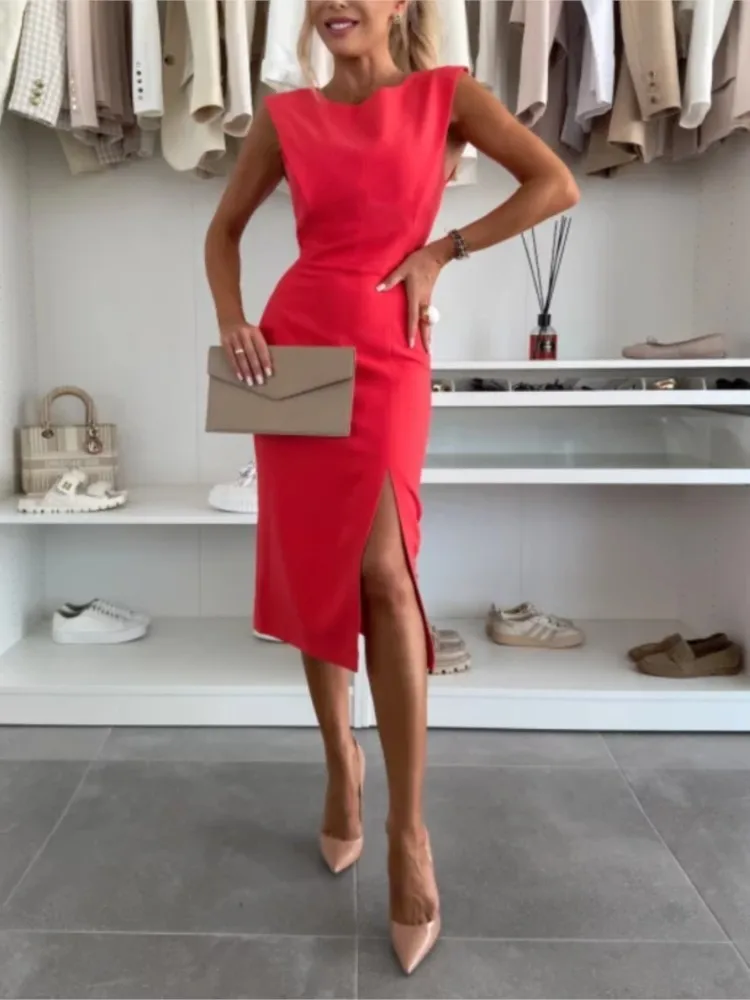 

New Simple Commuting Comfortable Casual Dress Women's Elegant And Fashionable Round-neck Sleeveless Split Solid Color Slim Dress