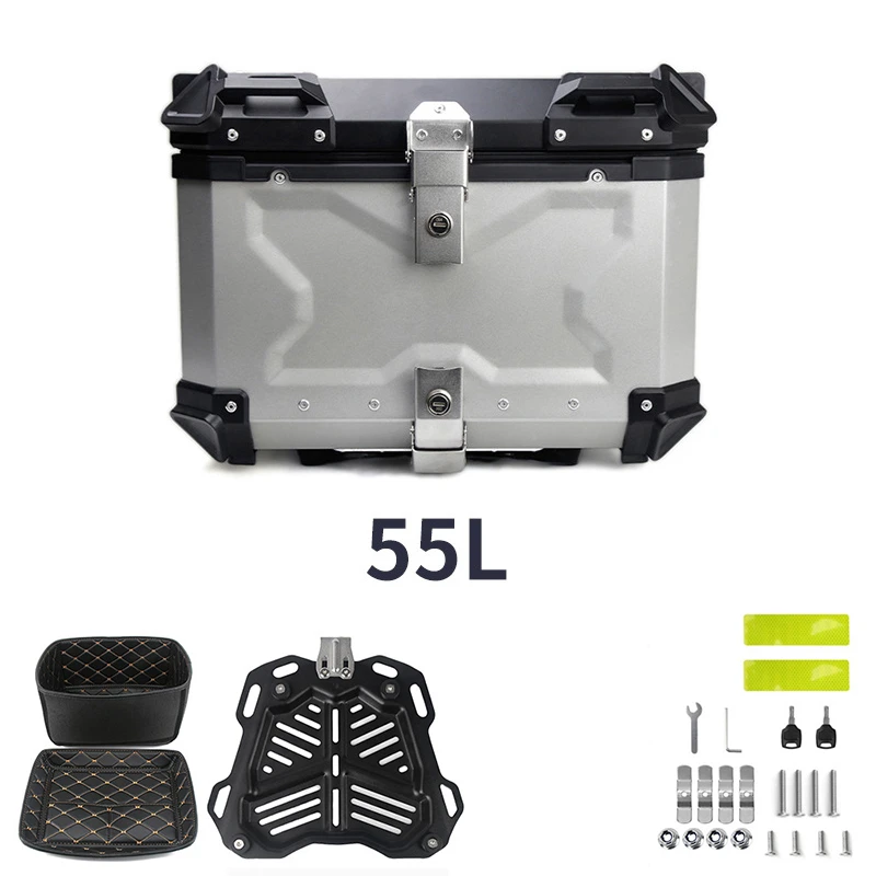 SLKE 55L New Motorcycle Tail Box Aluminum Silver Black With Linier Bottom Plate Larger Motorcycle Trunk For Sale