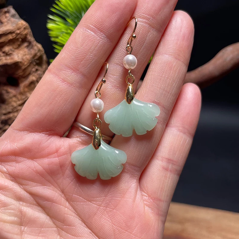 1Pair Retro Natural Green Jade Ginkgo Leaf Style Pearl Drop Earring Chinese Ancient Stone Jade Hook Earrings for Women Gift