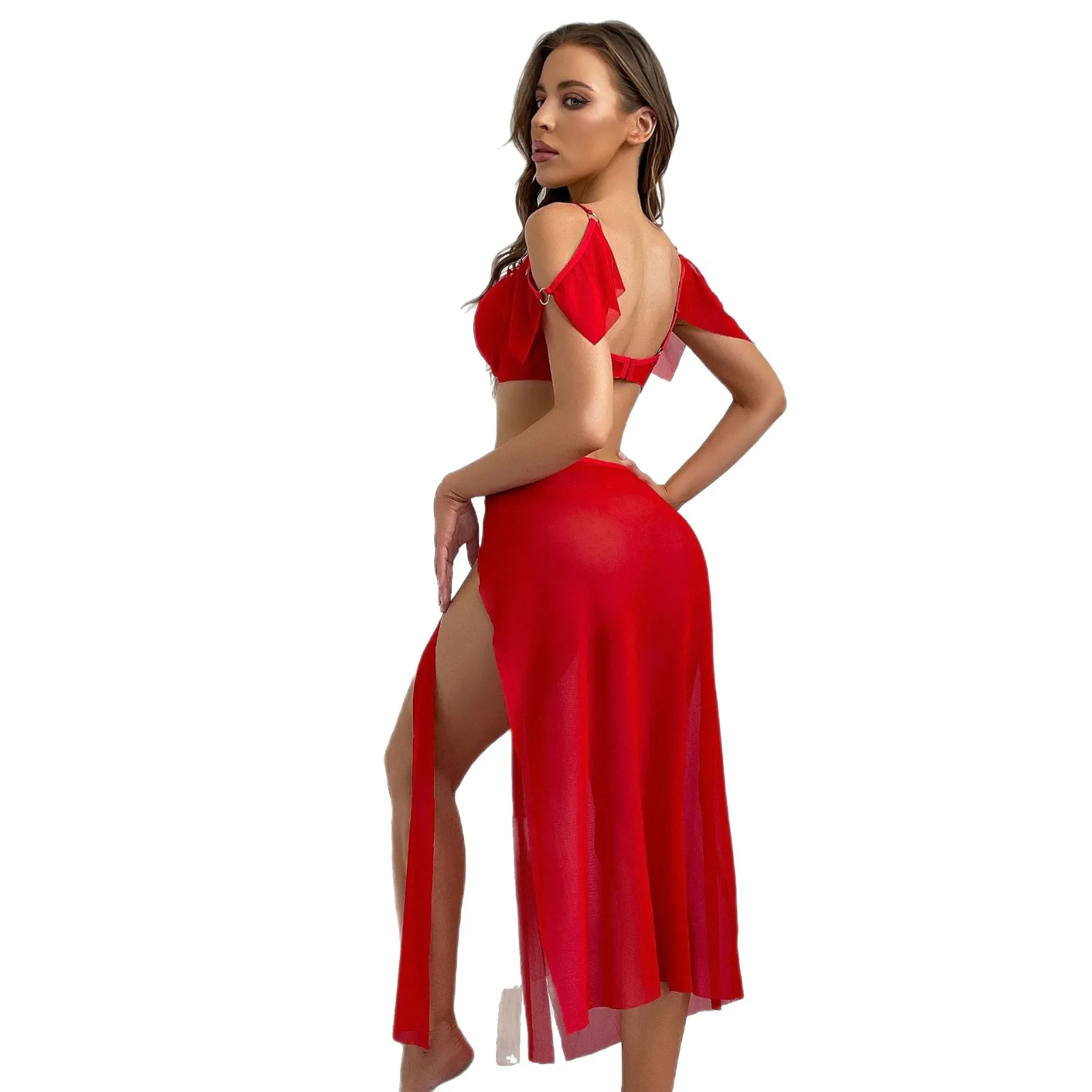 

Сексуальная сетчатая кружевная сексуальная ночная рубашка с глубоким V-образным вырезом, нижнее белье миди с боковыми разрезами, сексуальный женский комплект нижнего белья, комплект сексуального нижнего белья