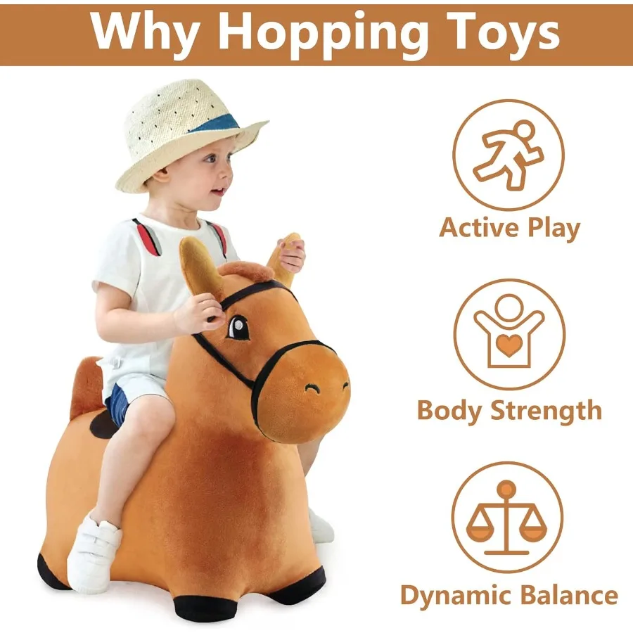 لعبة iPlay iLearn Bouncy Pals Brown Hopping Horse للأطفال الصغار من القطيفة على شكل حيوانات مع نطاط قابل للنفخ ومضخة مدمجة #2